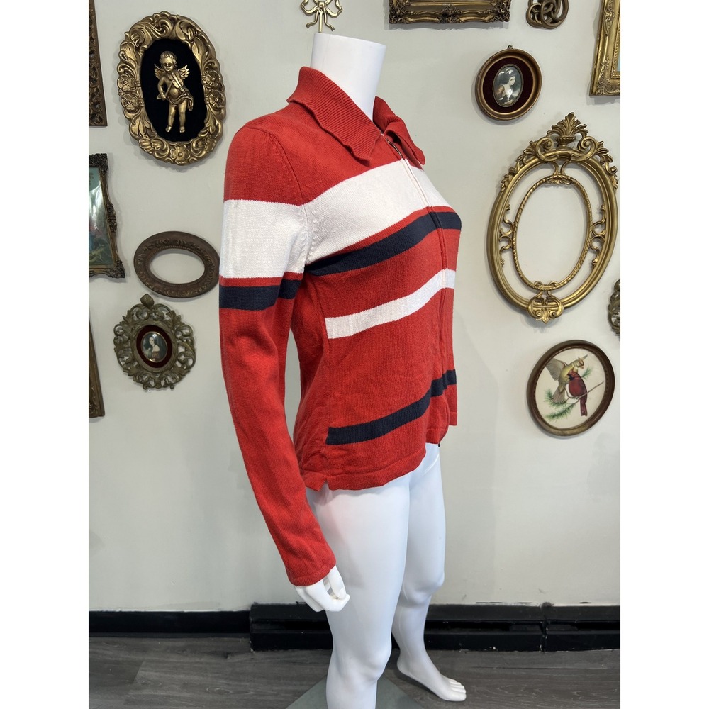 Vintage Burberry London Red White Blue Striped Full-Zip Knit Sweater Size 40